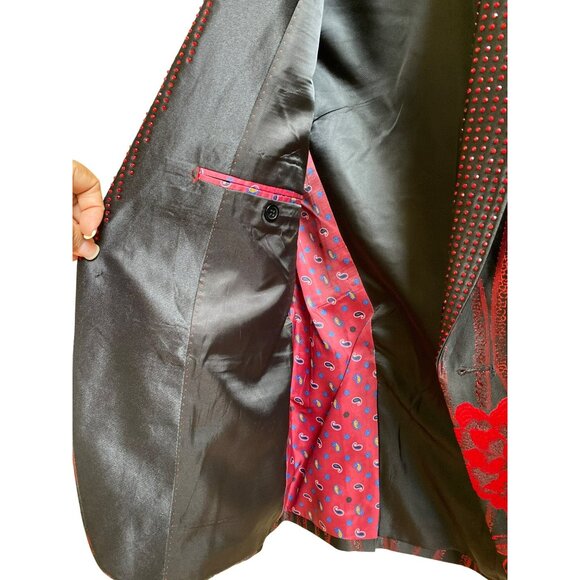 Mens Bertigo Park Black & Red Floral Embroidered Blazer & Bow Tie Set - Picture 8 of 11